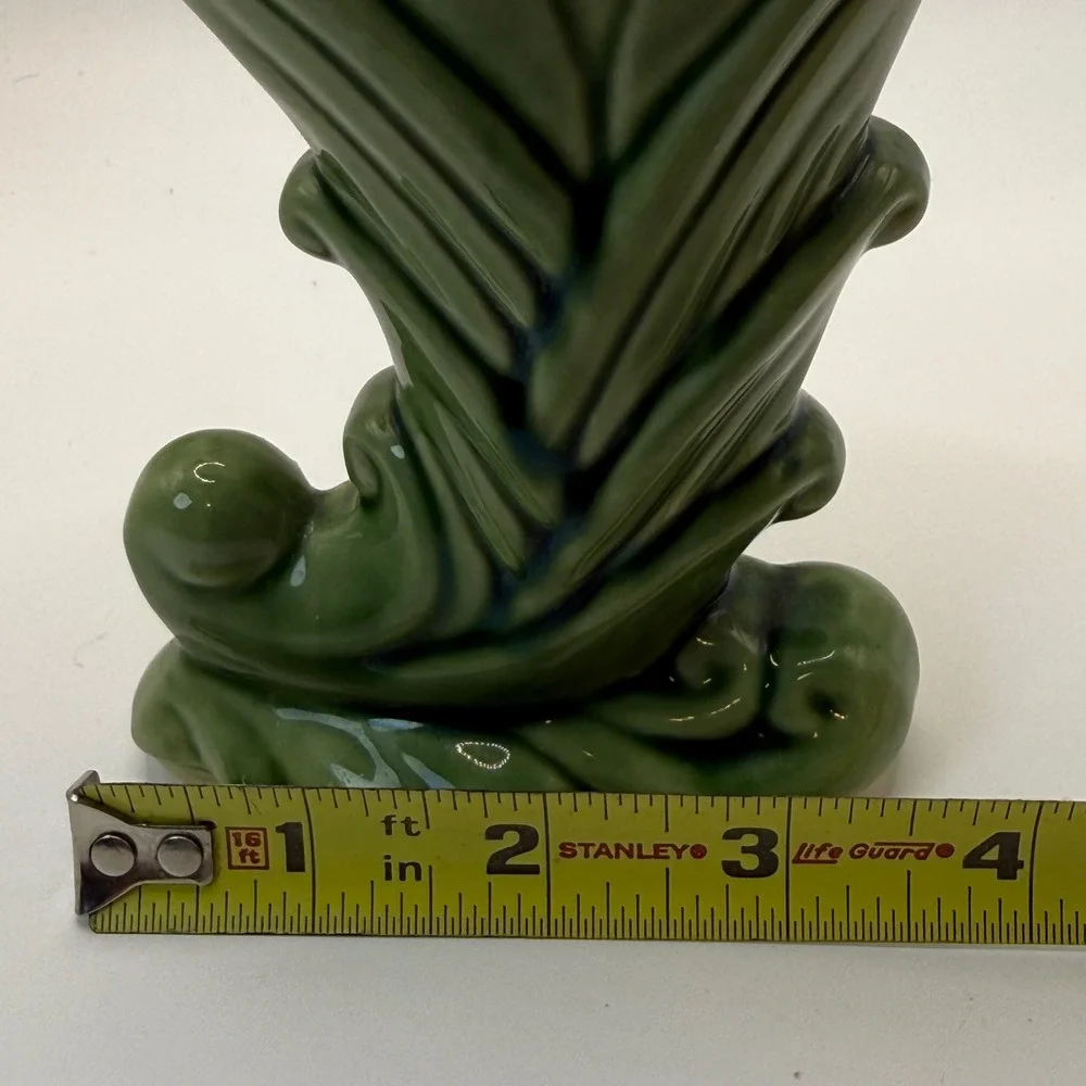 Vintage Green Glazed Ceramic Cornucopia Vase Art Deco USA 835 Mid Century 5in